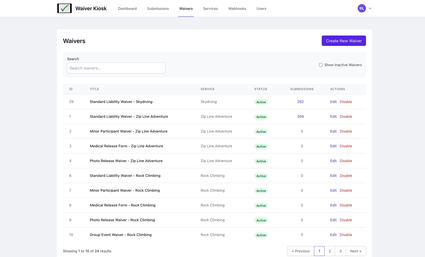 List of waiver submissions with search